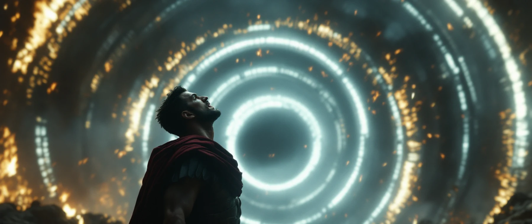 A man facing concentric rings of light.