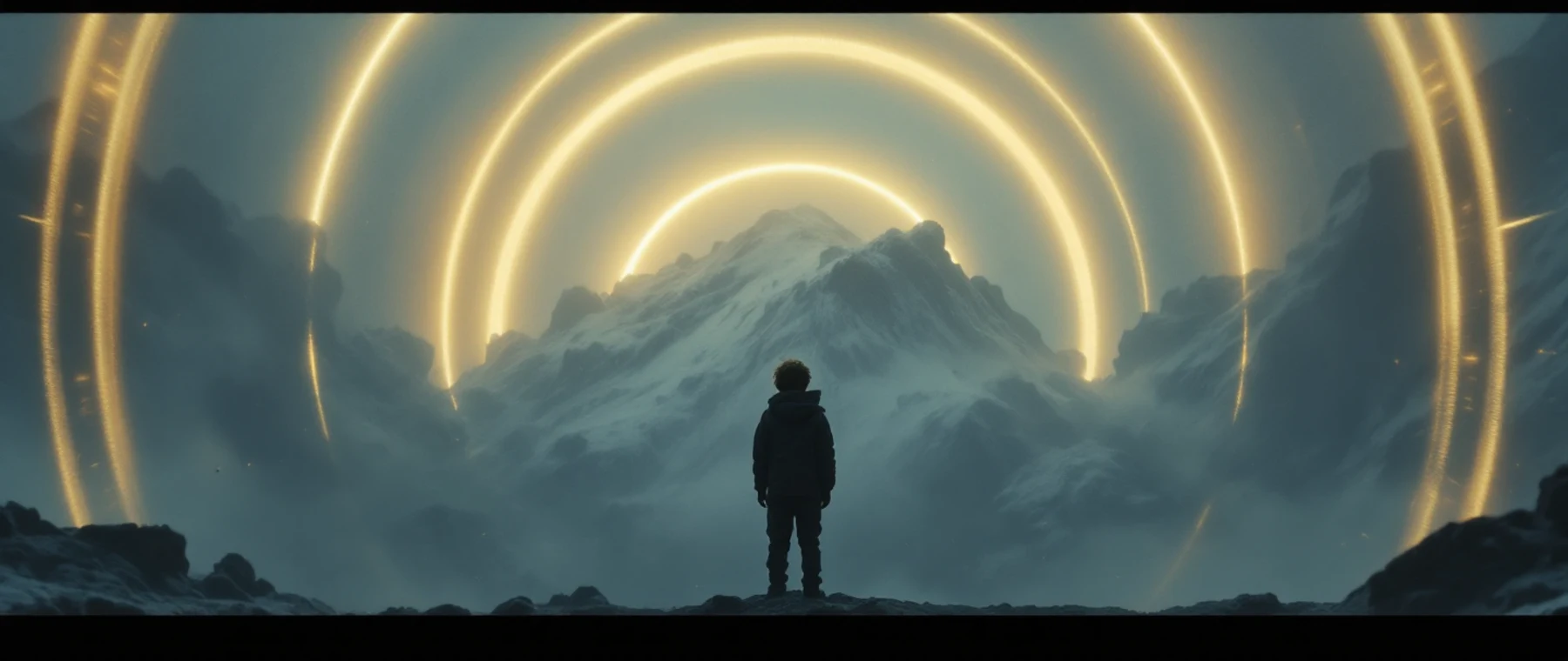 A figure standing before vast arcs of golden light over a mountain range.