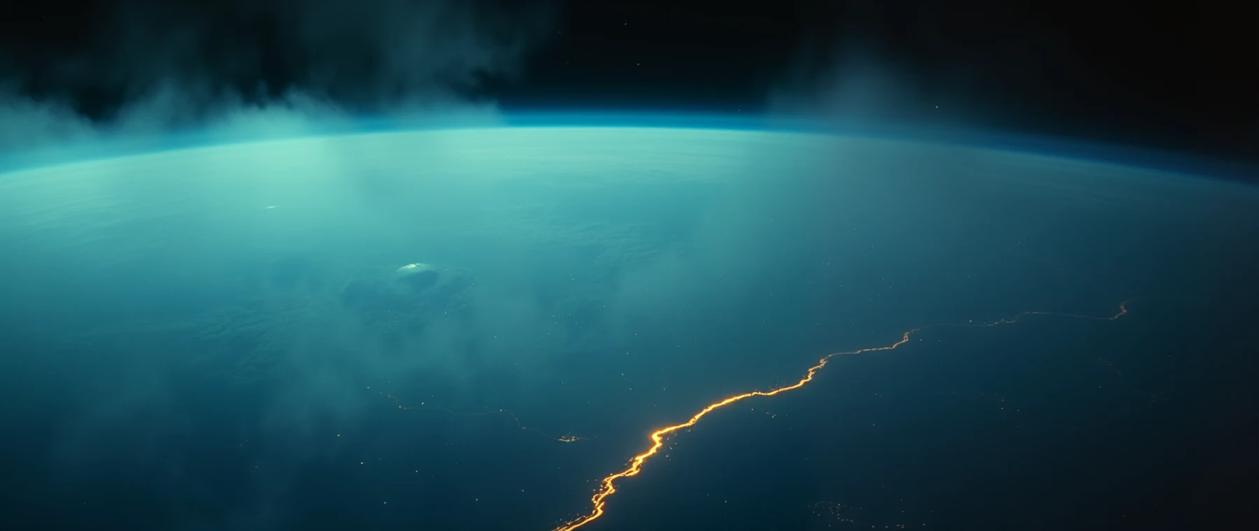 The curve of a planet split by a glowing fissure.